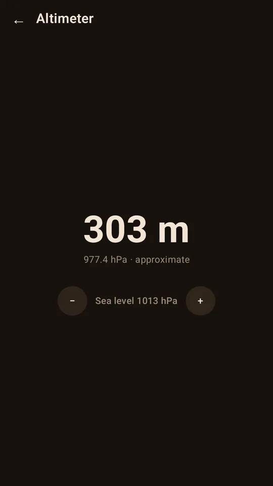 The altimeter in Amber: relative altitude in metres over the barometric pressure, marked approximate, with the sea-level reference you set