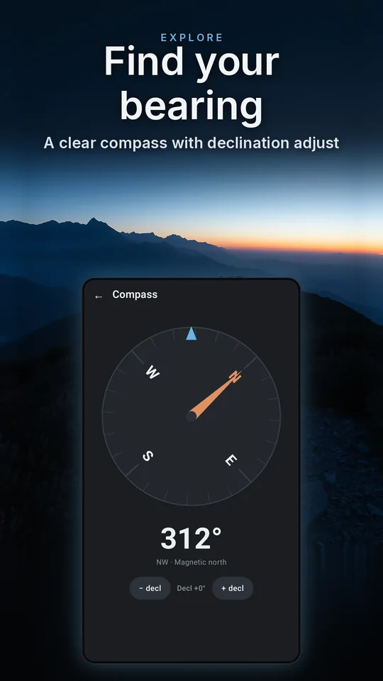 Find your bearing. A clear compass with declination adjust.
