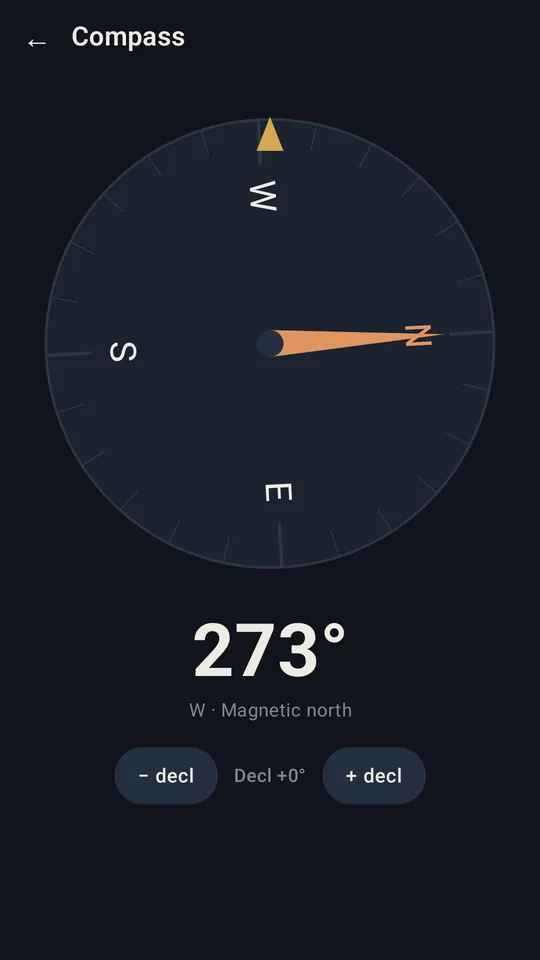 The compass in Brass: a rotating rose with the heading in degrees and a manual declination setting