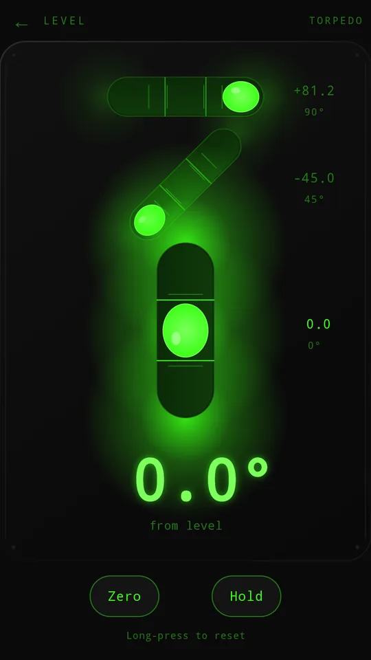 The torpedo level: three glowing vials for flat, 45 degrees and plumb, the flat one resting on 0.0 degrees, with Zero and Hold buttons below