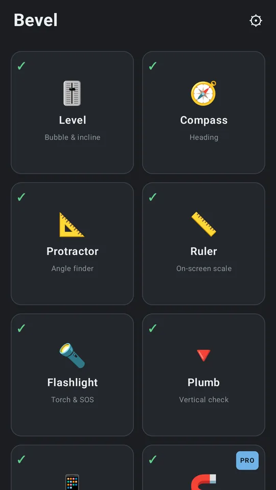The Bevel toolbox in Graphite: a grid of tool tiles, each carrying a compatibility mark for this phone